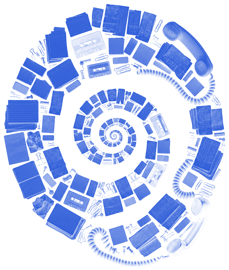 Index cards, receipts, cassette tapes and phone cords from many businesses, arranged into one nautilus spiral, printed in blue